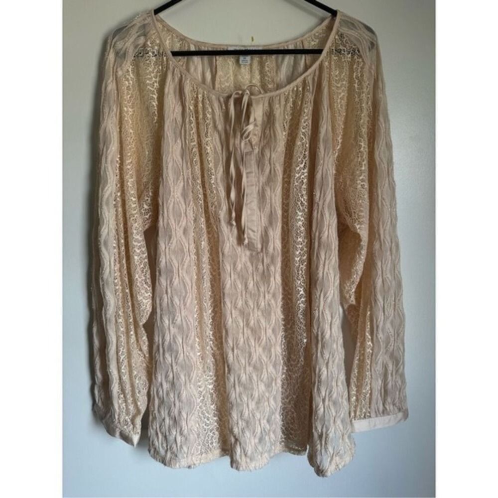 Roz and Ali Blush Lace Sheer Floral Tie Front Peasant Blouse sz 3X Boho Cottage - Picture 2 of 7